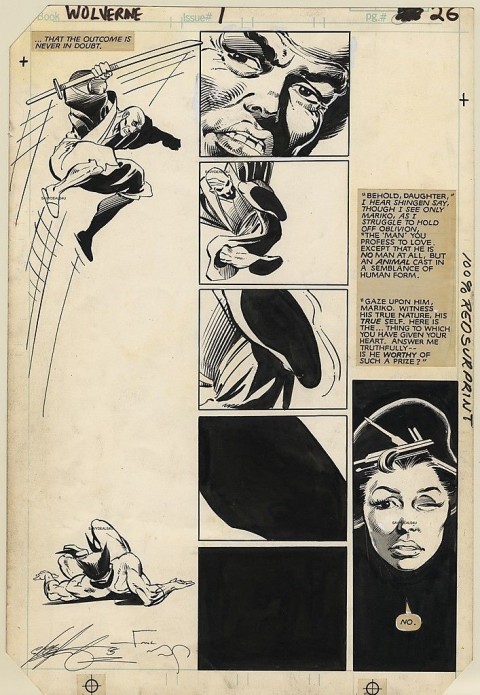 Wolverine issue 1 page 26 by Frank Miller and Joe Rubinstein.  Source.